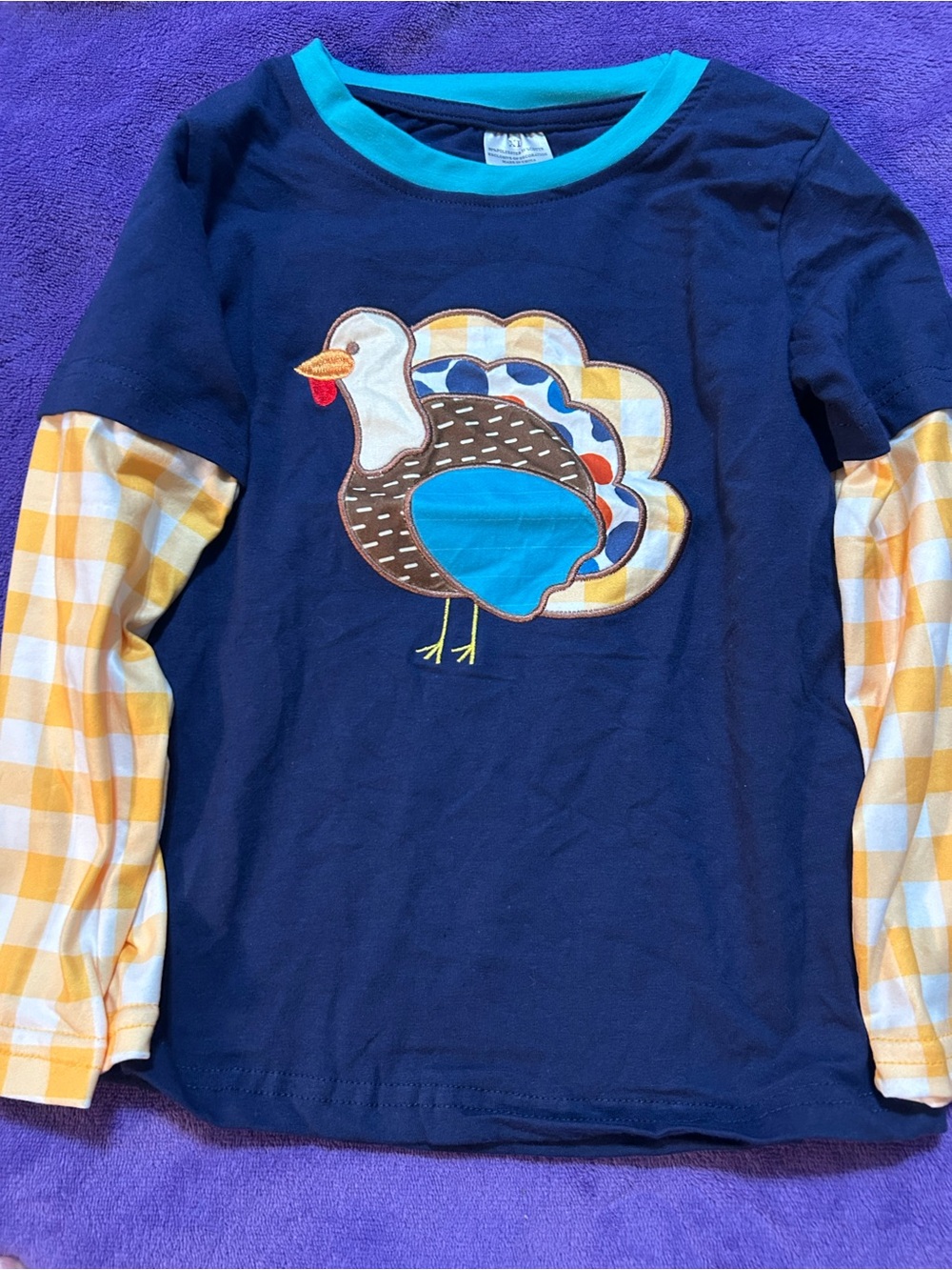 Girls' Navy Turkey Applique Layered-Look Top - Yellow Plaid Sleeves